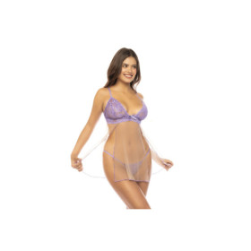 Babydoll couleur lavande et chair Verona, en dentelle et résille transparente 